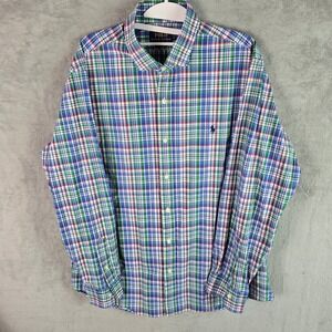 Polo Ralph Lauren Mens XL Classic Fit Plaid Button Down Shirt Blue Green Stretch